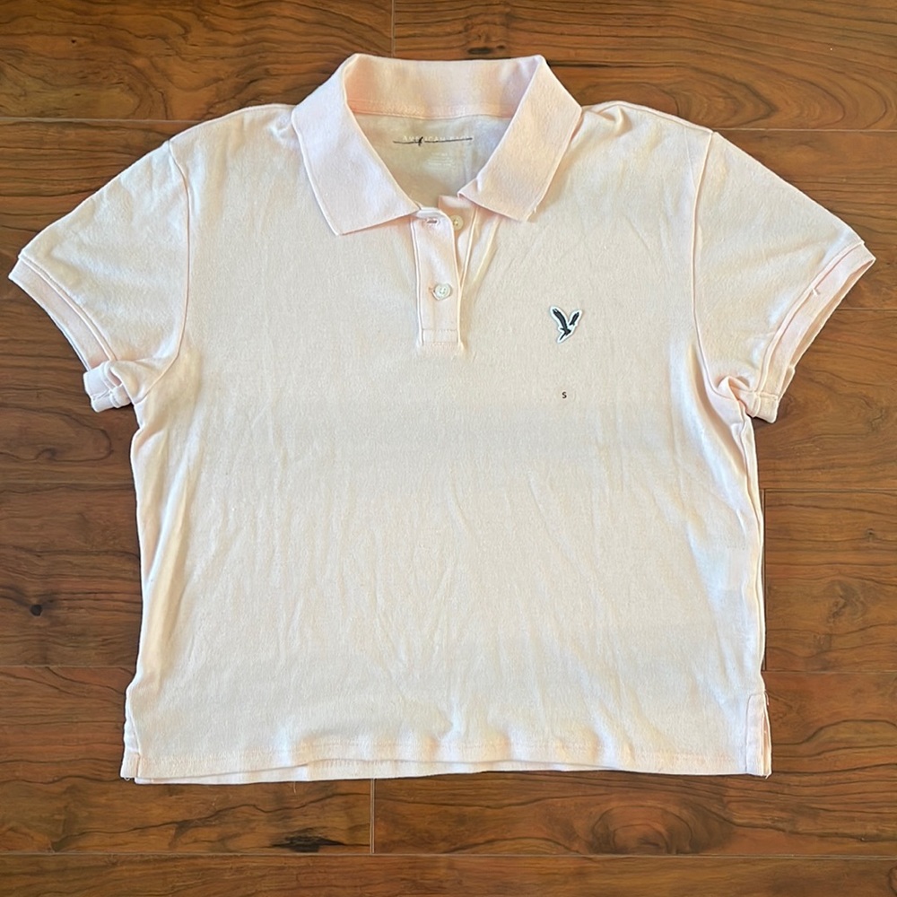American Eagle Salmon Pink Cropped Polo Tee Shirt Top